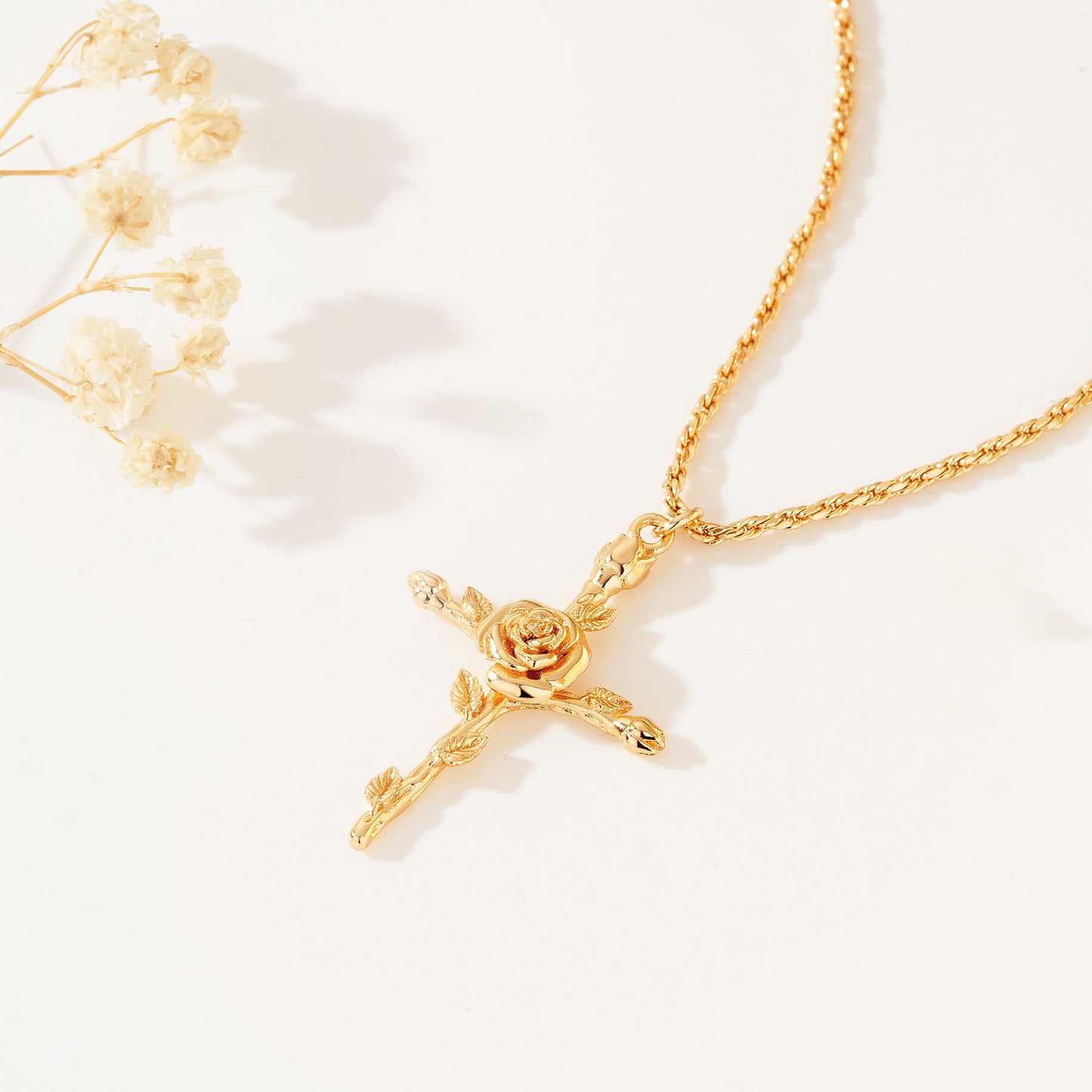 HolyMagic Cross Necklace for Women 18K Gold Plated Birth Flower