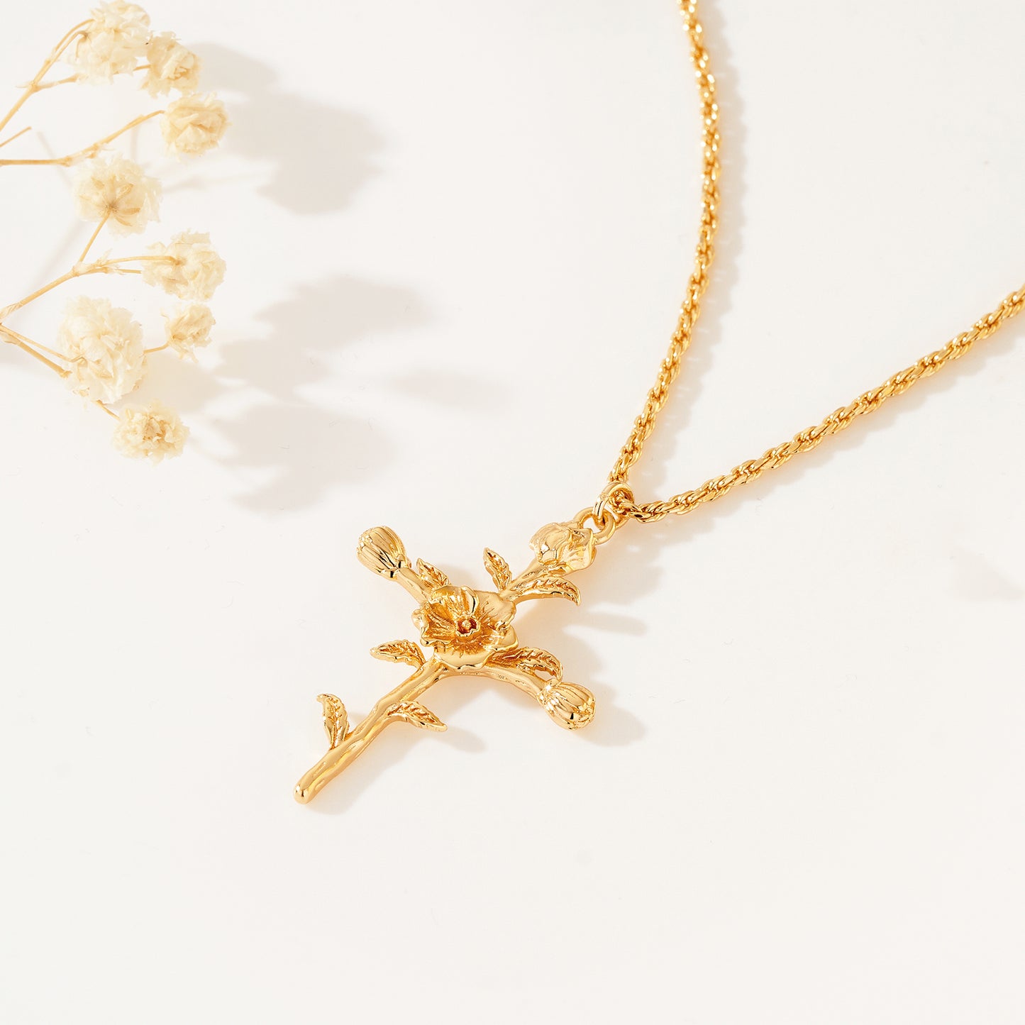 HolyMagic Cross Necklace for Women 18K Gold Plated Birth Flower